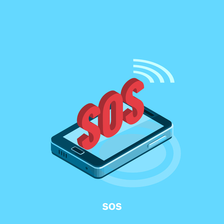Inscription in large letters SOS on the smartphone, isometric imageのイラスト素材