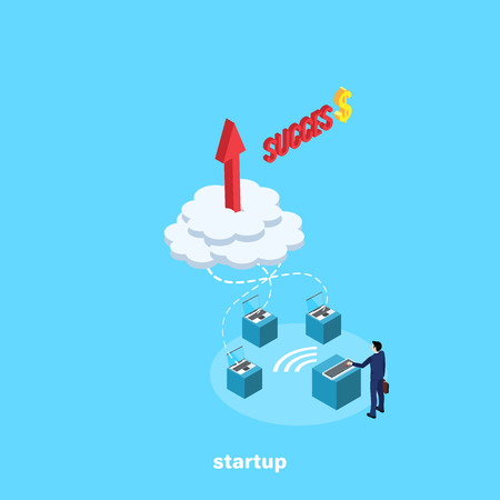 A man in a business suit clicks on a keyboard button launching processes on nearby laptops, an isometric imageのイラスト素材