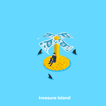 a man in a business suit sits on an island of coins and around swim sharks, an isometric imageのイラスト素材