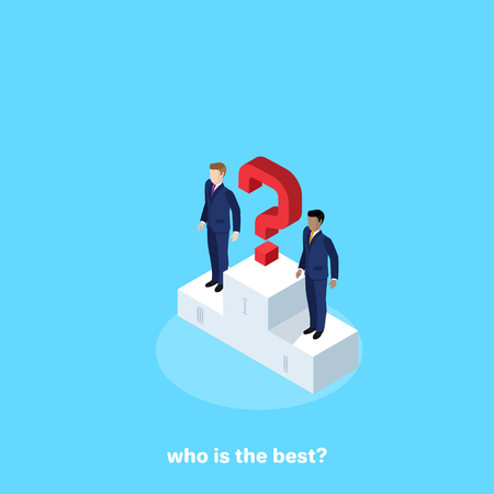 men in business suits on a pedestal and a question mark on the place of the champion, an isometric imageのイラスト素材