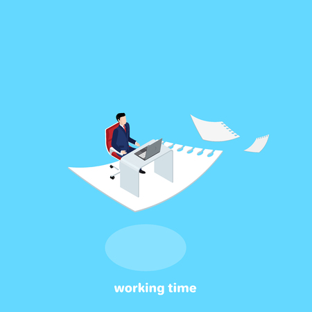 a man in a business suit at his desk was flying on a torn sheet of paperのイラスト素材