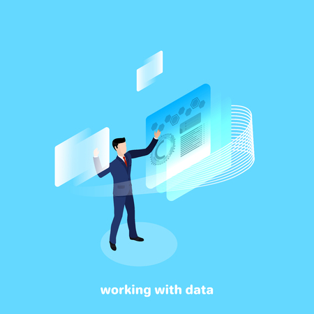 a man in a business suit works with pop-up application windows, an isometric imageのイラスト素材
