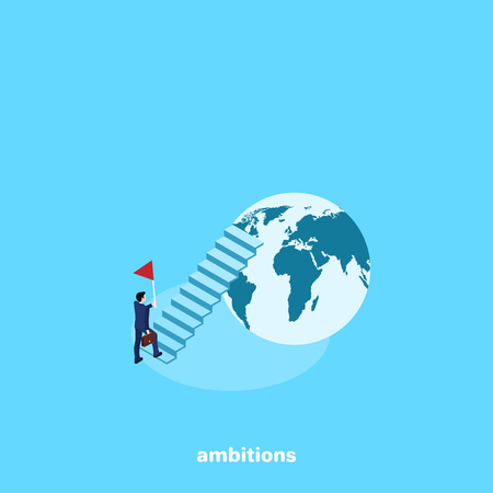 a man in a business suit with a briefcase and a flag is rising up the steps to the top of the world, an isometric imageのイラスト素材