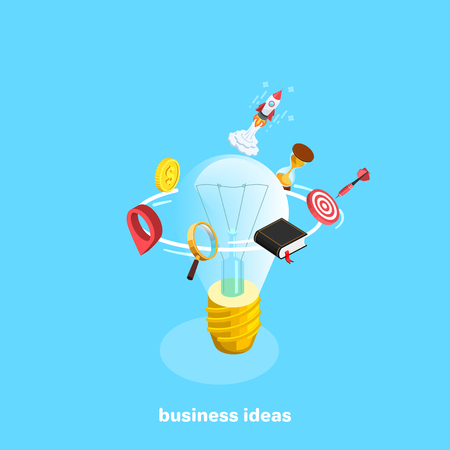 set of business icons around a light bulb and a rocket, an isometric image, business ideasのイラスト素材