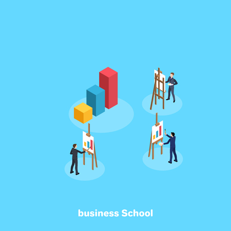 people in business suits draw a diagram on an easel, an isometric imageのイラスト素材