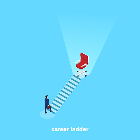 a man in a business suit rises up the career ladder on top of which is an empty chair, an isometric imageのイラスト素材