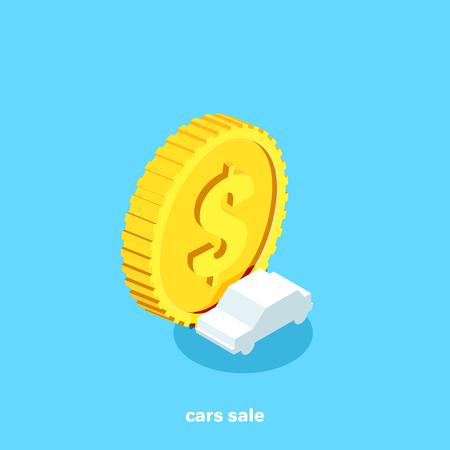 car on a background of a large gold coin, isometric imageのイラスト素材