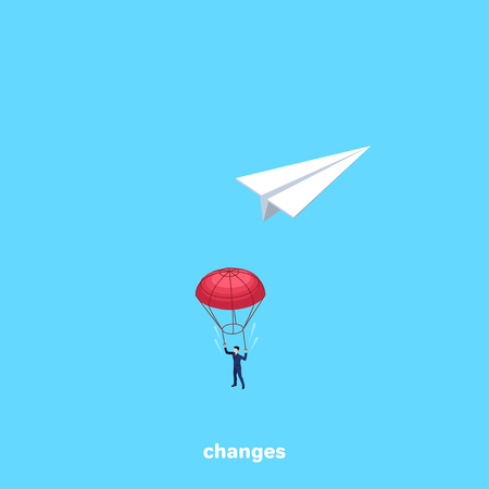 a man in a business suit jumped with a parachute from a paper airplane, an isometric imageのイラスト素材