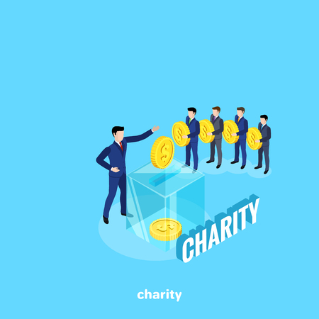 men in business suits stand in line to make a charitable contribution and a glass box as a tool for collecting money, an isometric imageのイラスト素材