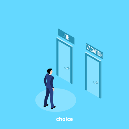 a man in a business suit faces a choice in which door to enter, an isometric imageのイラスト素材