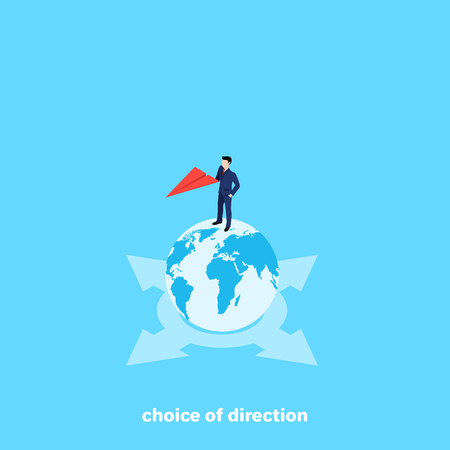 a man in a business suit is standing on a cloud ball and holds a red paper airplane, an isometric imageのイラスト素材