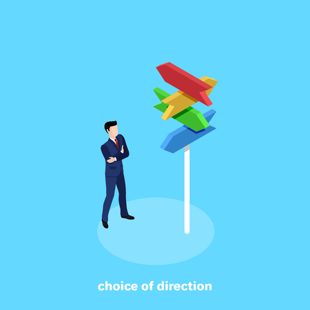a man in a business suit stands in front of signposts on a column, an isometric imageのイラスト素材