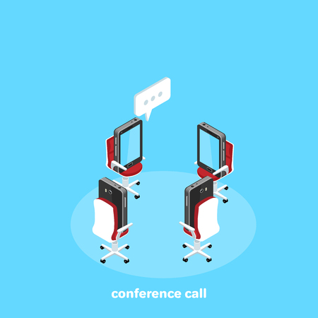 smartphones in business chairs, conference call, isometric imageのイラスト素材