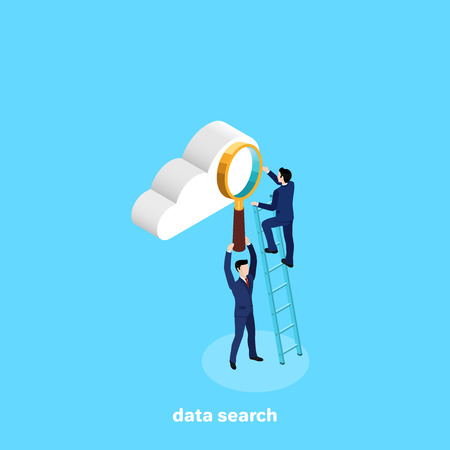man in business suit standing on stairs looking at cloud through magnifier, isometric imageのイラスト素材