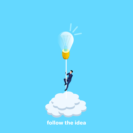 a man in a business suit rises to a light bulb symbolizing the idea, an isometric imageのイラスト素材