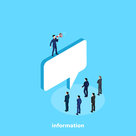 a man in a business suit with a loudspeaker stands on a big message icon and speaks to people, an isometric imageのイラスト素材