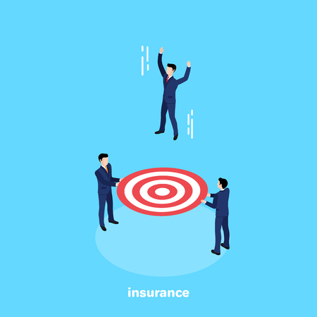 men in business suits hold in their hands a stretched safety lanyard and catch a falling person, an isometric imageのイラスト素材