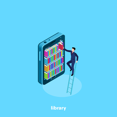 a man in a business suit pulls out a book from bookshelves in a smartphone, an isometric imageのイラスト素材