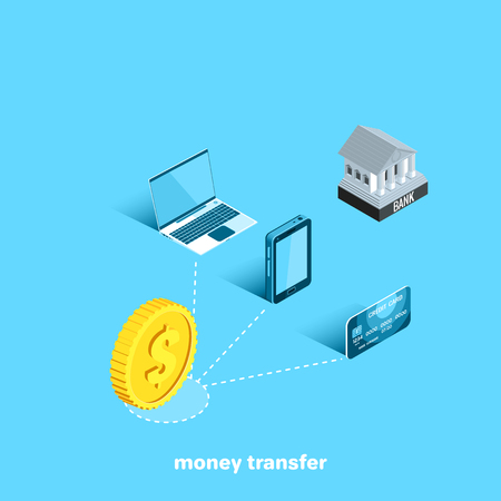 a gold coin next to a laptop and a phone on a blue background, an isometric imageのイラスト素材