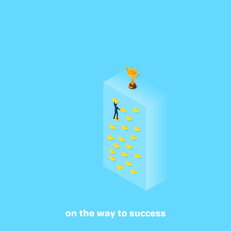 a man in a business suit is climbing up the wall to an upside-down cup, an isometric imageのイラスト素材