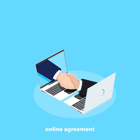 business handshake and laptops, online agreement, isometric imageのイラスト素材