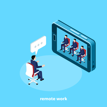 a man in a business suit communicates through a conference call with his partners, an isometric imageのイラスト素材