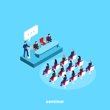 a man in a business suit speaks to the listeners at a conference, an isometric imageのイラスト素材