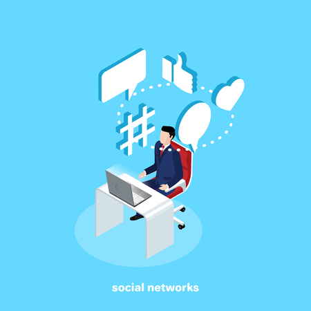 man in a business suit sitting at his desk thinking about social networks, isometric imageのイラスト素材