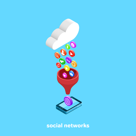 cloud over the smartphone and icons on the social networks and the Internet, isometric imageのイラスト素材