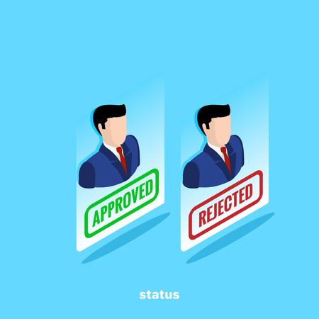 managers in business suits on a blue background, isometric image, status accepted or rejectedのイラスト素材