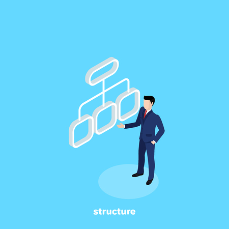 a man in a business suit points out the structure of an object, an isometric imageのイラスト素材