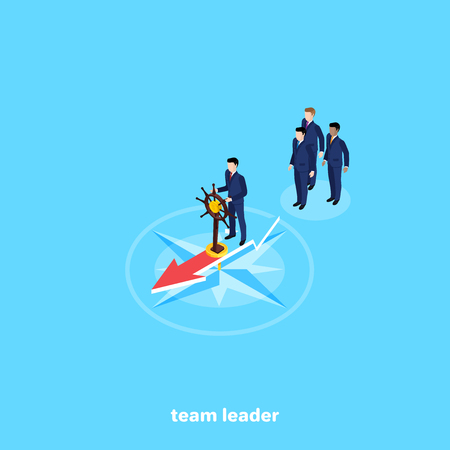 a man in a business suit stands on a compass with a steering wheel in his hand leading a team, an isometric imageのイラスト素材
