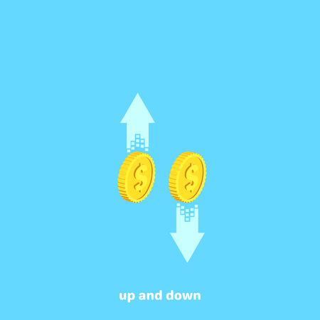 gold coins with arrows up and down, isometric imageのイラスト素材