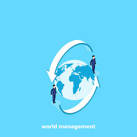 men in business suits and arrows around the globe, isometric imageのイラスト素材