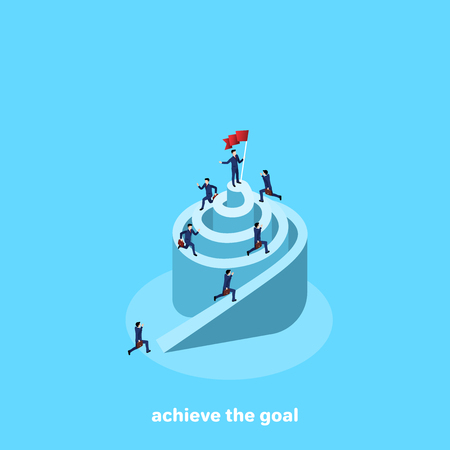 a man in a business suit with a flag in his hand is standing on top of the chart, an isometric imageのイラスト素材