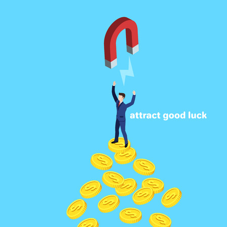 a man in a business suit on a coin and a large magnet, an isometric imageのイラスト素材