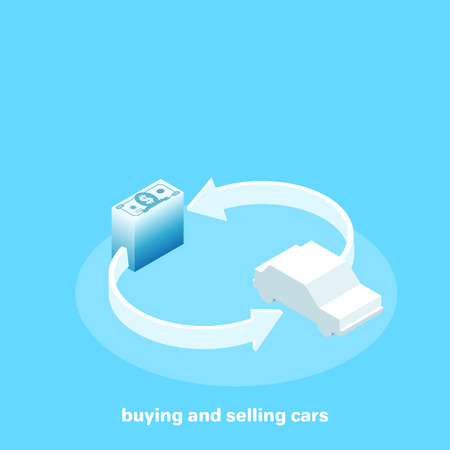 money and car between the arrows on a blue background, isometric imageのイラスト素材