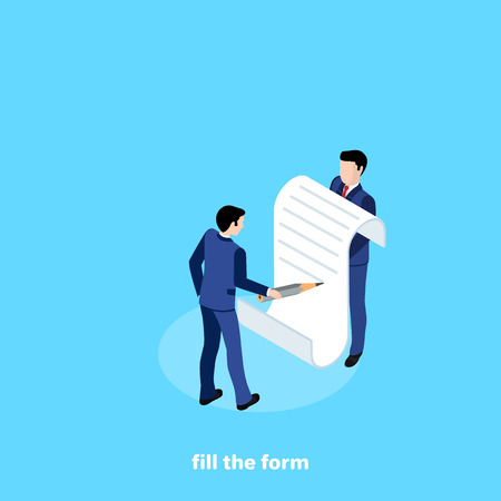 man in business suit with pencil and fox paper on blue background, isometric imageのイラスト素材