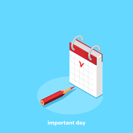 calendar and pencil on a blue background, isometric imageのイラスト素材