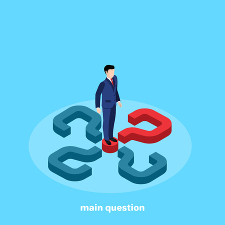 man in a business suit stands on a red question mark on a blue background, isometric imageのイラスト素材
