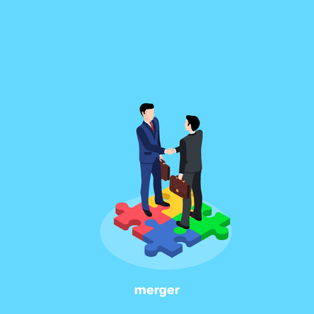 men in business suits shaking hands standing on a puzzle, isometric imageのイラスト素材