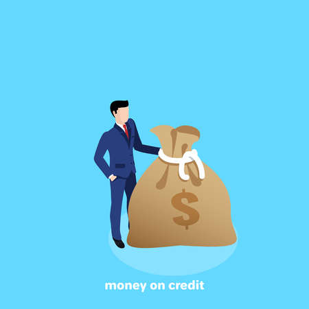a man in a business suit stands next to a money bag, an isometric imageのイラスト素材