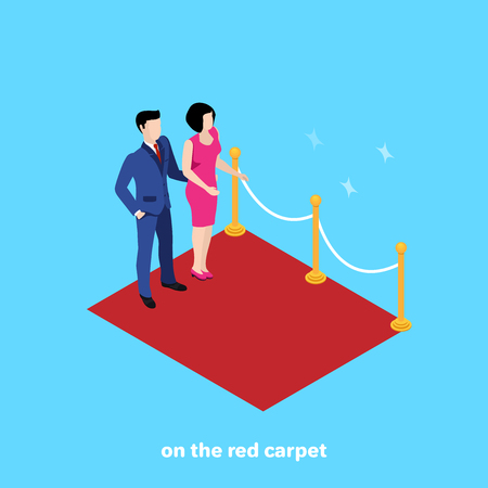 a man in a business suit and a woman in a dress stand on a red carpet, an isometric imageのイラスト素材