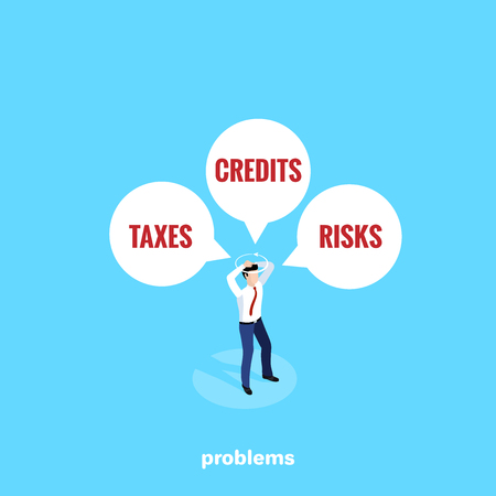 a man in a business suit holds his head against a lot of problems, an isometric imageのイラスト素材