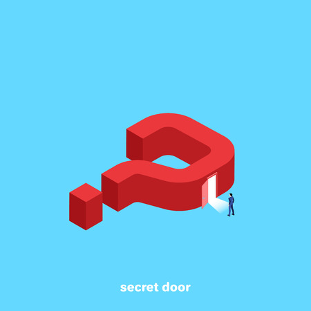 big red question mark on a blue background and a man in a business suit entering an open door, an isometric imageのイラスト素材