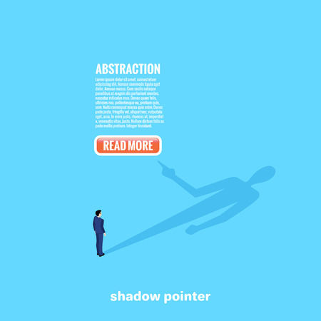 A man in a business suit looks at his shadow which suggests on the press on a web button, an isometric imageのイラスト素材