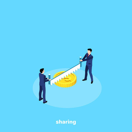men in business suits are sawing a large gold coin, isometric imageのイラスト素材