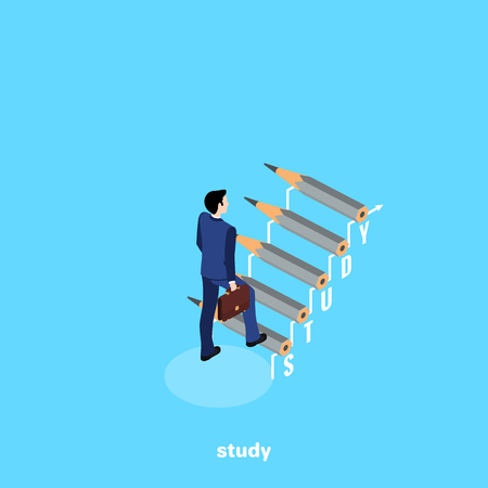 a man in a business suit rises on the steps of pencils, an isometric imageのイラスト素材