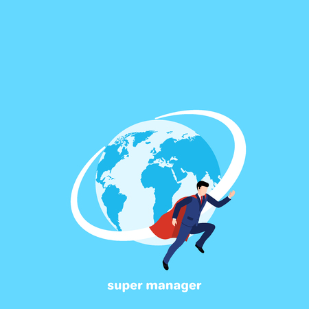 a man in a business suit and in a cloak of a super hero flies around the globe, an isometric imageのイラスト素材