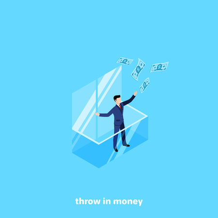a man in a business suit is standing on a balcony and is throwing money, isometric imageのイラスト素材